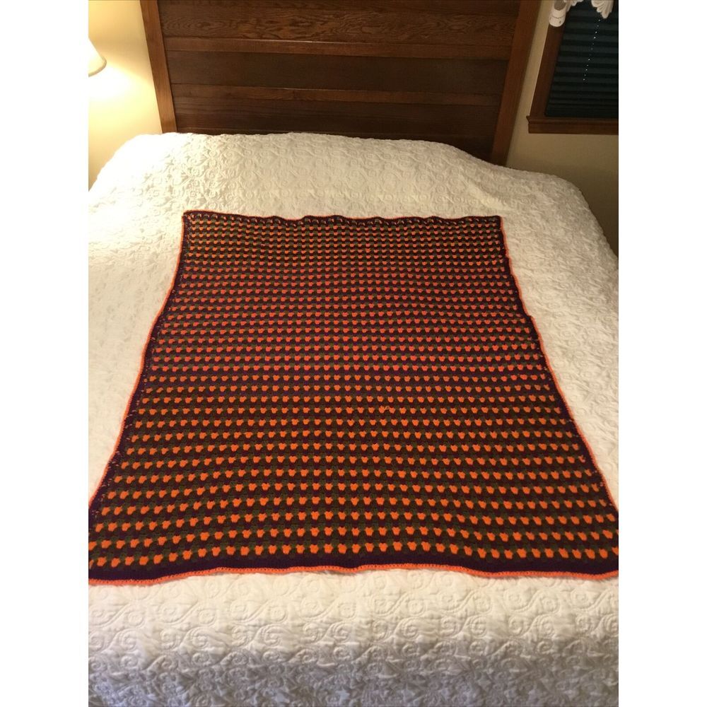 VTG Afghan Crochet handmade Couch Blanket Afghan throw Purple Orange Size 56X44